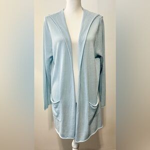 J. Jill Linen Blend Longline Open Front Hooded Cardigan in Light Blue. Size 1X